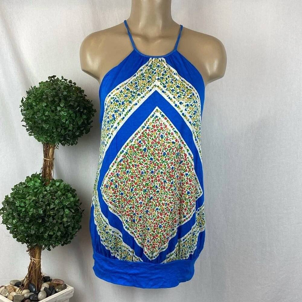 NEW FREE PEOPLE women's paris floral sleeveless halter top in french blue